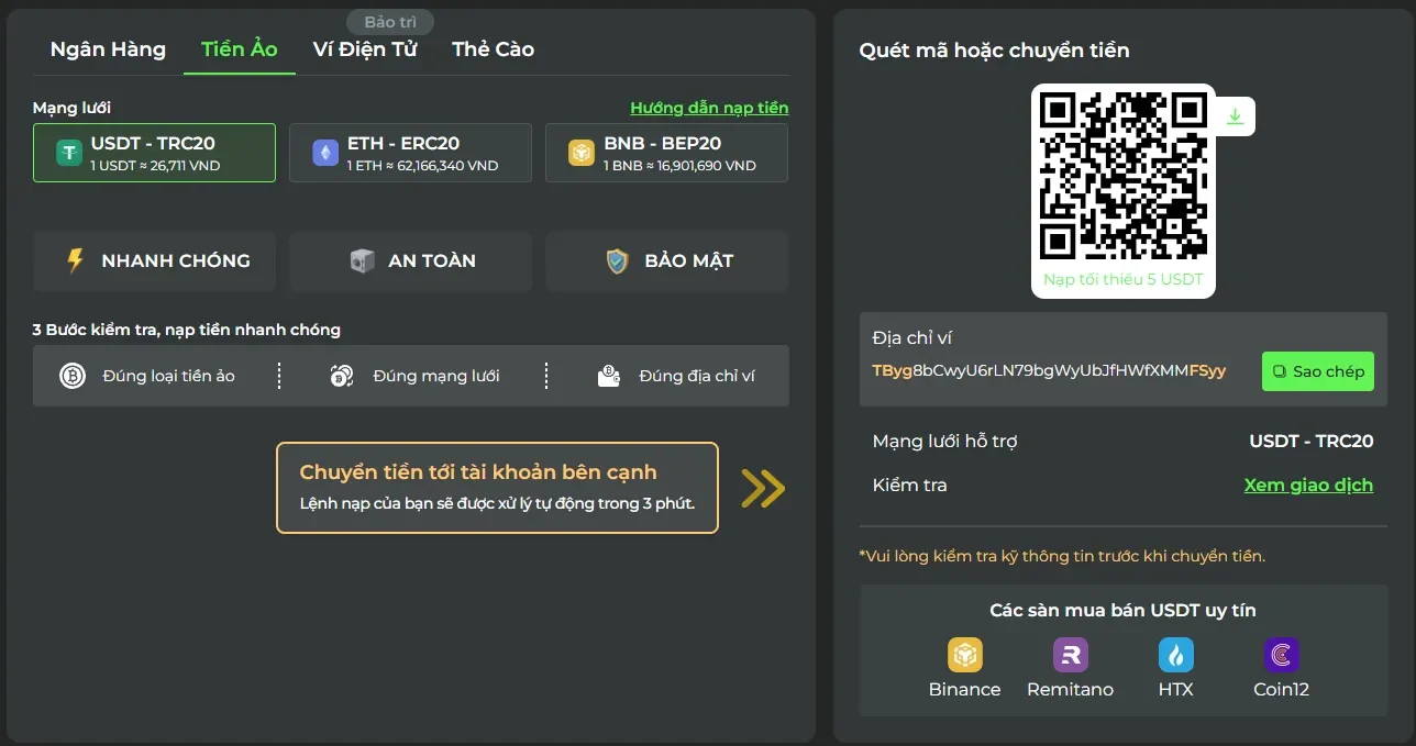 Các phương thức nạp rút tiền được hỗ trợ tại UK88